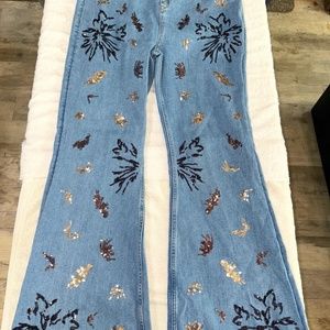 Nasty Gal Womens Long Blue Flare Leg Jeans Size 12 embellished